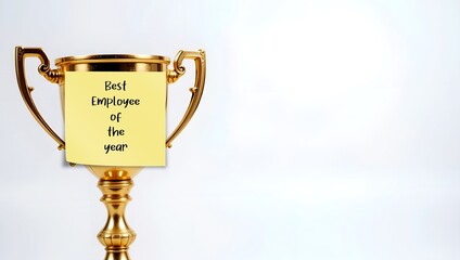 Trophy award on white background written BEST EMPLOYEE OF THE YEAR - Employee recognition - act of acknowledging rewarding employees for contributions effort and achievements to show they are valued.