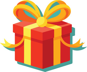 Red gift box with yellow ribbon and bow on a teal background