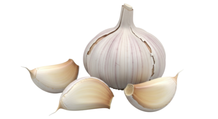 Whole Garlic Bulb with Three Peeled Cloves 3D Isolated Cutout Transparent PNG