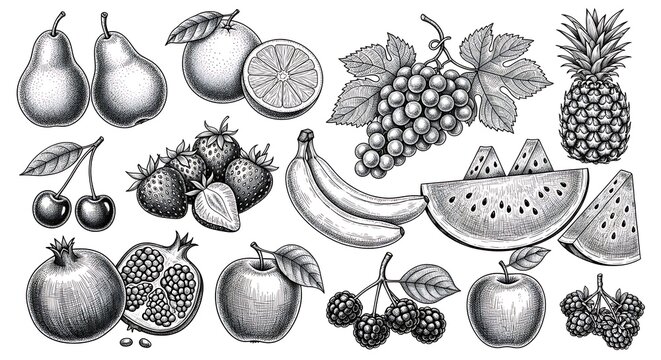 Vibrant collection of hand drawn fruits including pears, oranges, strawberries, bananas, grapes, pineapple, watermelon, cherries, apples, pomegranates and blackberries.