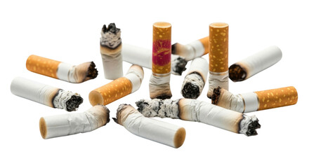 Scattered Used Cigarette Butts and Ash Macro Isolated Cutout Transparent PNG
