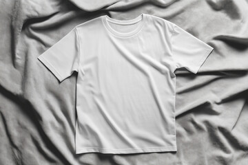 A blank t-shirt mockup laid flat on a neutral fabric background, top-down view