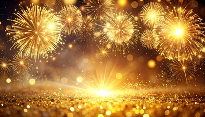 Fototapeta premium Bright New Year celebration layout featuring sparkling fireworks bokeh, radiant gold particles, and a clean elegant space for text, designed in a modern high-contrast style that fits premium holiday t