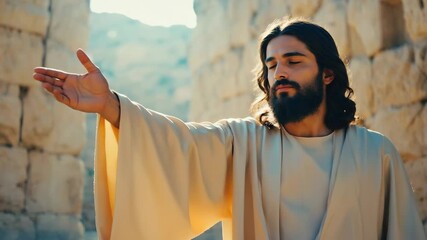 Spiritual figure addresses the crowd in ancient setting