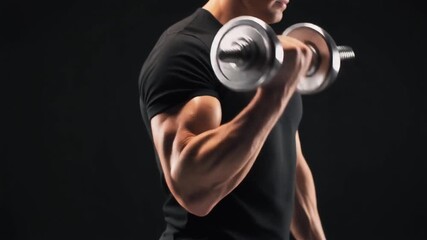 Strong Male Arm Performing Bicep Curl with Dumbbell on Dark Background