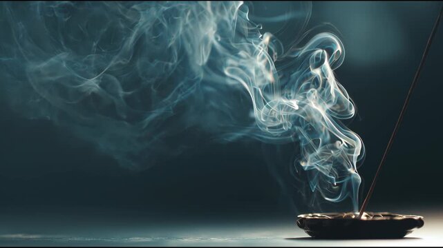 A cinematic, seamless loop video of incense smoke rising and curling from a holder. Dark, peaceful background creates a meditative and spiritual ambiance.