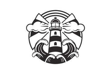 Striped lighthouse emits light through clouds and waves in a black and white sea setting