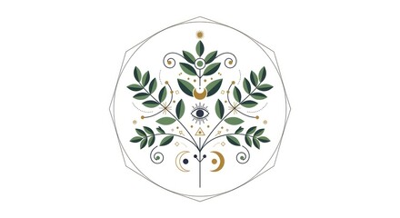 Mystical Foliage - An Enchanting Eye Amidst Crescent Moons and Verdant Leaves.