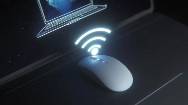 Wireless computer mouse with laptop hologram projection, digital connectivity concept on dark surface, modern technology accessory for remote data communication and smart workspace
