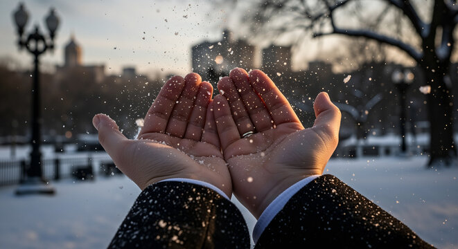 Hands catching snowflakes cupped palms in winter city park, sparkling flakes falling at golden hour, warm skin tones against cold air, joy wonder mindfulness, contrast of nature and urban life - Powered by Adobe