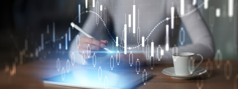 Candlestick Chart Analysis and Trading Interface Projected on Virtual Screen. - Powered by Adobe