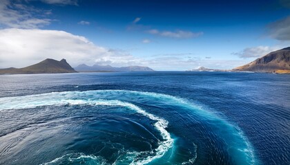 Ocean Whirlpool With Distant Islands And Mountains