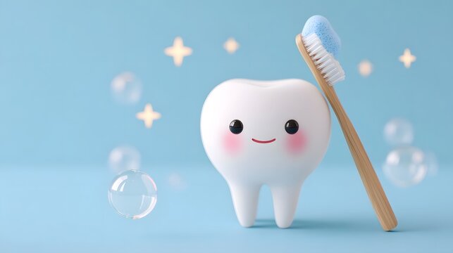 A cute cartoon tooth with rosy cheeks and a smile is being brushed by a bamboo toothbrush with blue toothpaste surrounded by bubbles and stars representing oral health and cleanliness