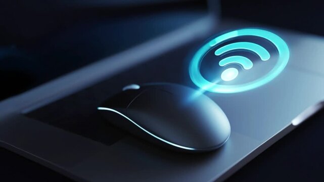 Wireless computer mouse on illuminated desk with digital connection symbol, modern technology accessory for internet communication, futuristic workspace device concept with blue neon light
