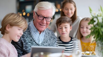 Elderly man and young children enjoy using a tablet device together in a warm indoor family setting demonstrating intergene nal connection and shared digital activity