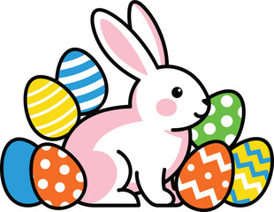 White Easter bunny with pink accents surrounded by colorful decorated eggs, cheerful spring holiday celebration, joyful cartoon character, cad drawing flat vector illustration