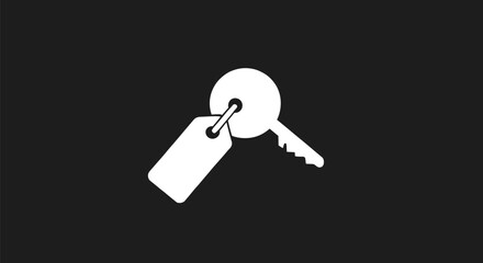 White silhouette key with tag on black background, simple security vector illustration, minimal access design, property lock icon, identification artwork
