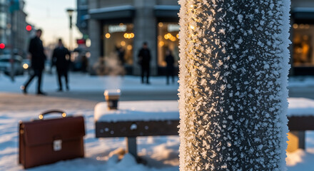 Ice on metal pole urban frost texture, icy pole pillar covered with rime and snow crystals, cold winter city morning with steam and blurred commuters, chill freeze concept frostiness cold