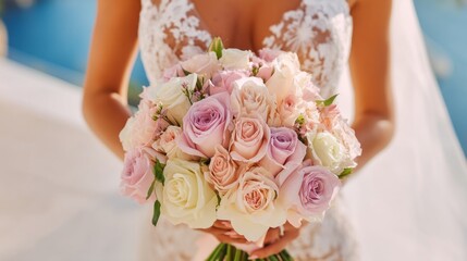 Bridal bouquet held by a bride features a mix of soft pink and lavender roses amid delicate greenery, creating a charming and romantic touch for an outdoor wedding ceremony