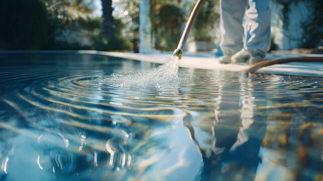 Person filling a swimming pool with water from a hose creating ripples on the surface