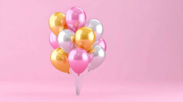Vibrant metallic balloons in pink gold and silver hues gathered in a festive bunch suspended against a clean solid pink backdrop perfect for celeb ns