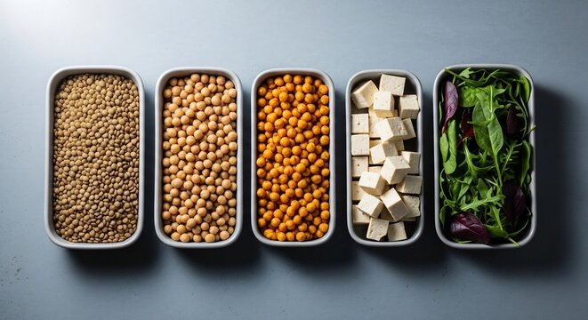 Healthy vegan lunch boxes with lentils, chickpeas, tofu and spinach.
