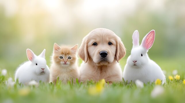 Four adorable young animals a golden retriever puppy ginger kitten and two white rabbits pose together in a sunny grassy meadow evoking springtime friendship