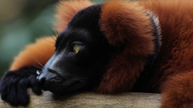 Resting red ruffed lemur lying on wooden branch, close up wildlife portrait showing vivid fur texture, relaxed endangered primate expression, rainforest conservation animal scene for zoology, nature r