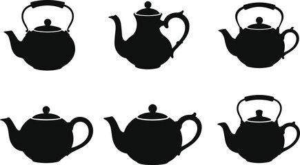 Set of inimalist black classic teapot kitchenware silhouette vector icon
