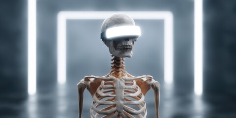 Futuristic skeleton wearing virtual reality headset in neon environment