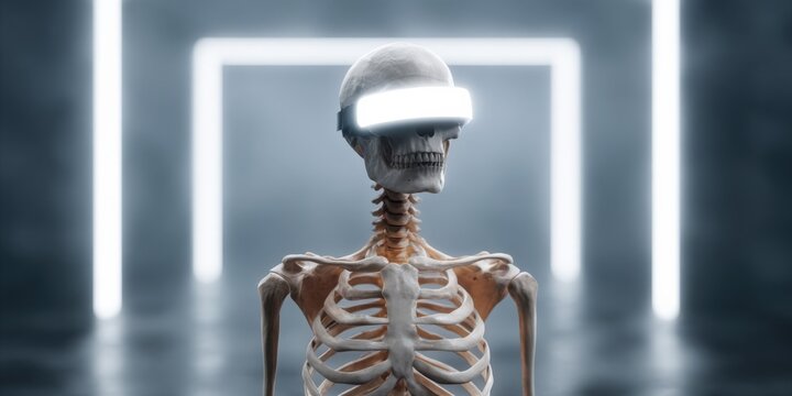 Futuristic skeleton wearing virtual reality headset in neon environment