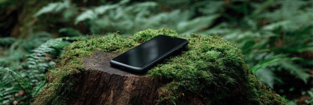 Smartphone on moss-covered tree stump in forest setting with ferns - Powered by Adobe