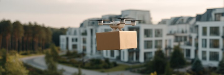 Drone delivering package in suburban neighborhood with modern architecture