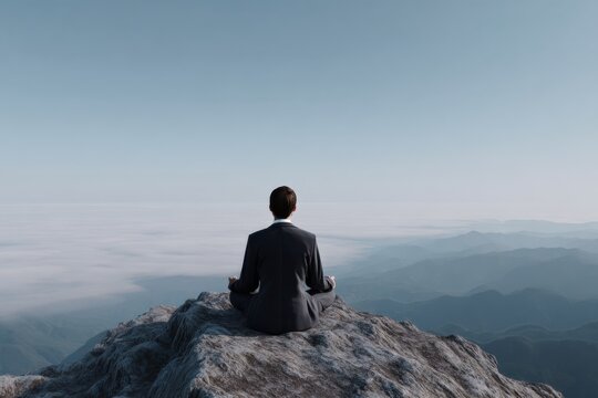 Asian male in business suit meditating on mountain peak above clouds for tranquility and focus