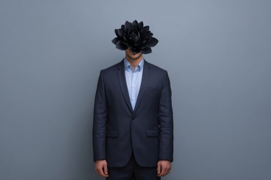 Surreal image of man with black flower mask in formal suit - Powered by Adobe