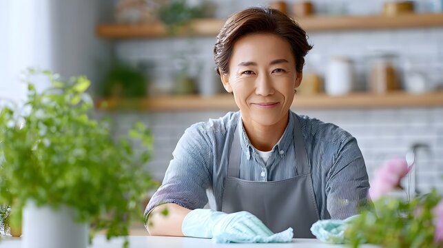 Portrait of a happy middle aged Asian woman in an apron and light blue cleaning gloves smiling confidently while wiping a table in her clean plant filled home kitchen - Powered by Adobe