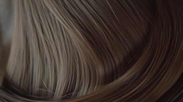 Slow motion beautiful healthy long smooth flowing brown hair strands captured in cinematic macro softness showing silky shiny texture movement luxury salon treatment hairstyle care concept 4k