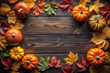 Autumn pumpkins with scattered fall leaves