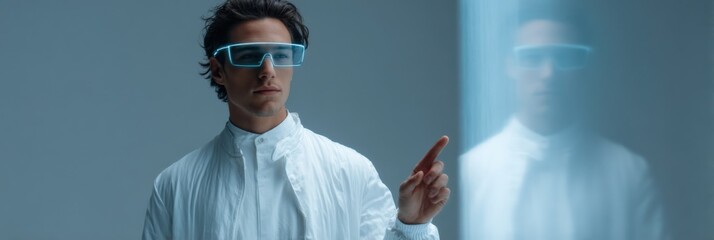 Young caucasian male using futuristic touchscreen interface with ar glasses