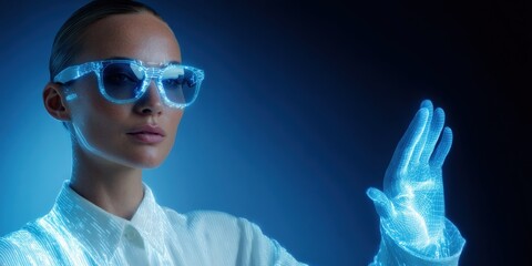 Female adult with virtual reality holographic interface in futuristic glasses