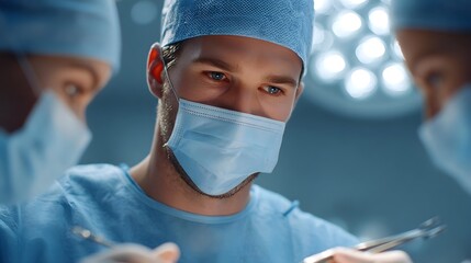 Professional medical team in surgical attire and masks concentrating on an ope n in a well lit hospital operating theater