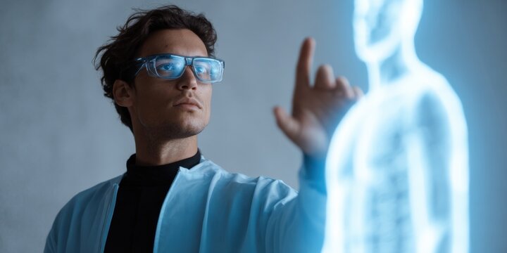 Young caucasian male interacting with futuristic holographic interface - Powered by Adobe