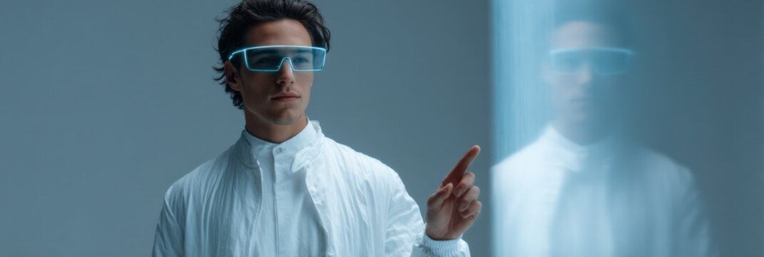 Young caucasian male using futuristic touchscreen interface with ar glasses