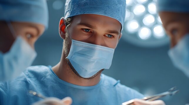 Professional medical team in surgical attire and masks concentrating on an ope n in a well lit hospital operating theater