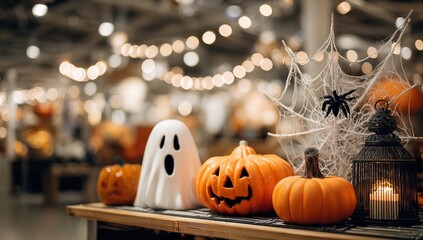 Spooky Halloween decorations with glowing pumpkins, a friendly ghost, and cobwebs create a festive atmosphere for parties and seasonal events