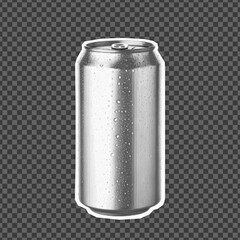 Halftone soda or beer can with water drops, isolated on transparent background. Retro photocopy sticker perfect for bar design, beverage branding, posters, collages, and vintage advertising.