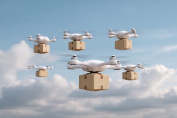 Autonomous drone fleet delivering packages in clear skies
