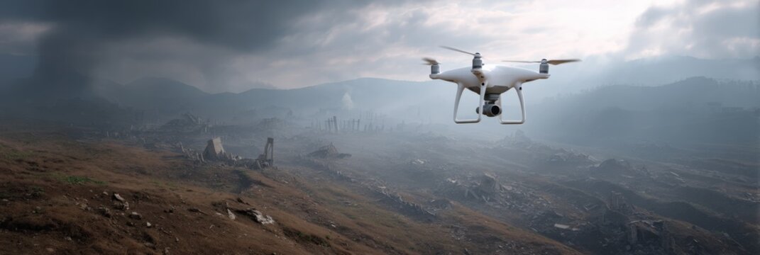 White drone flying over desolate landscape with stormy sky in background