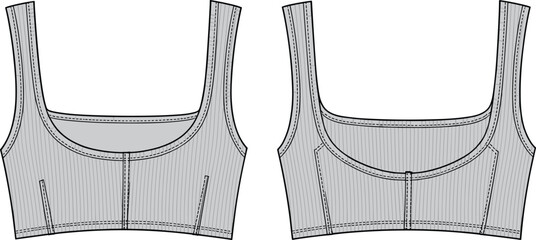 Sports bra technical fashion sketch front and back view, activewear apparel design, cad drawing flat vector illustration