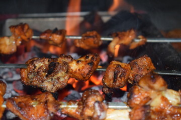 Grilled Chicken Skewers: Succulent chicken skewers are sizzling over an open flame. The inviting sight and aroma of barbecue, evoking feelings of culinary delight.